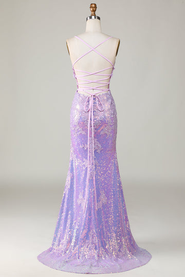 Sparkly Mermaid Spaghetti Straps Corsé púrpura Vestido de graduación con hendidura